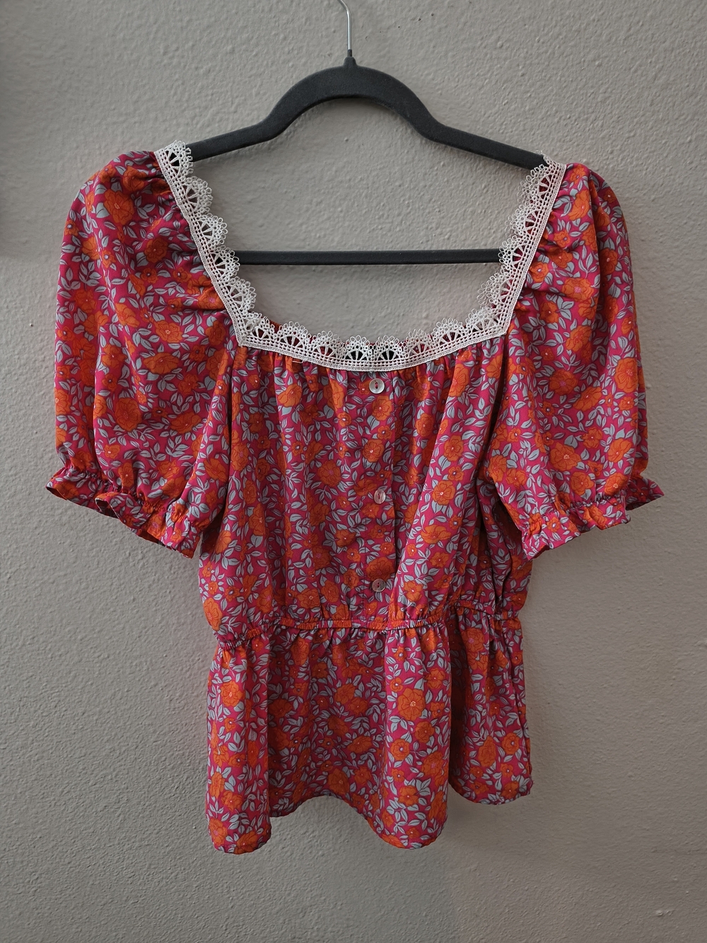 Alice Blue Pink Orange Floral Peplum Puff Sleeve Cottagecore Blouse Size Small